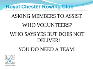 ASKING MEMBERS TO ASSIST.
WHO VOLUNTEERS?
WHO SAYS YES BUT DOES NOT
DELIVER!
YOU DO NEED A TEAM!
Royal Chester Rowing Club
 