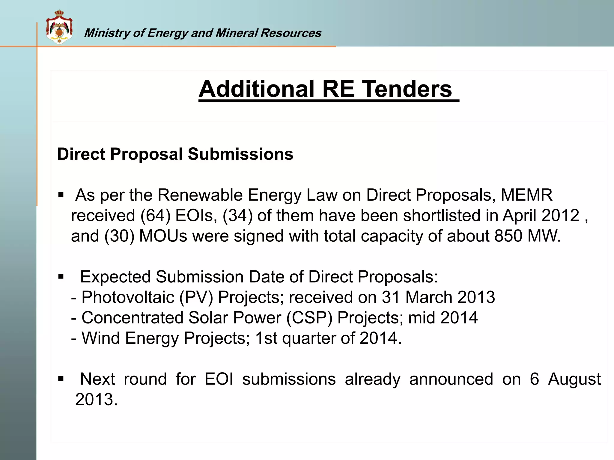Ministry of Energy and Mineral Resources
Additional RE Tenders
Direct Proposal Submissions
 As per the Renewable Energy Law on Direct Proposals, MEMR
received (64) EOIs, (34) of them have been shortlisted in April 2012 ,
and (30) MOUs were signed with total capacity of about 850 MW.
 Expected Submission Date of Direct Proposals:
- Photovoltaic (PV) Projects; received on 31 March 2013
- Concentrated Solar Power (CSP) Projects; mid 2014
- Wind Energy Projects; 1st quarter of 2014.
 Next round for EOI submissions already announced on 6 August
2013.
 