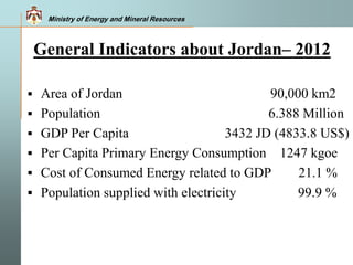 Ministry of Energy and Mineral Resources
 Area of Jordan 90,000 km2
 Population 6.388 Million
 GDP Per Capita 3432 JD (4833.8 US$)
 Per Capita Primary Energy Consumption 1247 kgoe
 Cost of Consumed Energy related to GDP 21.1 %
 Population supplied with electricity 99.9 %
General Indicators about Jordan– 2012
Ministry of Energy and Mineral Resources
 