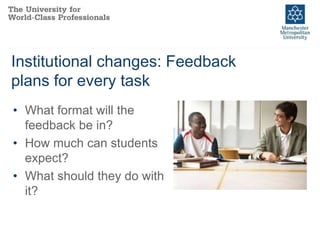 Institutional changes: Feedback
plans for every task
• What format will the
feedback be in?
• How much can students
expect?
• What should they do with
it?
 