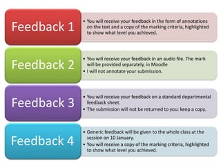 • You will receive your feedback in the form of annotations
on the text and a copy of the marking criteria, highlighted
to show what level you achieved.
Feedback 1
• You will receive your feedback in an audio file. The mark
will be provided separately, in Moodle
• I will not annotate your submission.
Feedback 2
• You will receive your feedback on a standard departmental
feedback sheet.
• The submission will not be returned to you: keep a copy.
Feedback 3
• Generic feedback will be given to the whole class at the
session on 10 January.
• You will receive a copy of the marking criteria, highlighted
to show what level you achieved.
Feedback 4
 
