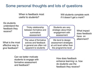 Some personal thoughts and lots of questions
Tricky relationship
between formative and
summative
assessment
Students are very
strategic about their
engagement with
assessment
The value of formative
actives and feedback
in general are often not
apparent to students
We tend to design
assessment strategies
at unit level rather than
the programme level
When is feedback most
useful to students?
Will students complete work
if it doesn’t get a mark?
Can we better motivate
students to engage with
formative assessment
and feedback?
What is the most
effective way to
give feedback?
Do students
understand the
feedback they
receive?
How does feedback
enhance learning i.e. how
do students use the
feedback they receive?
What impact
does feedback
have on
attainment?
 