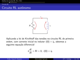 An´alise de circuitos RC, RL e RLC
Circuito RL
Circuito RL autˆonomo
L
i
R
Aplicando a lei de Kirchhoﬀ das tens˜oes no circuito RL de primeira
ordem, com corrente inicial no indutor i(0) = i0, obtemos a
seguinte equa¸c˜ao diferencial
L
di
dt
+ Ri = 0, i(0) = i0
Profa. Grace S. Deaecto Eletricidade Aplicada ICT / Unifesp 11 / 51
 