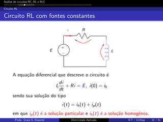 An´alise de circuitos RC, RL e RLC
Circuito RL
Circuito RL com fontes constantes
i R
LE
+
−
A equa¸c˜ao diferencial que descreve o circuito ´e
L
di
dt
+ Ri = E, i(0) = i0
sendo sua solu¸c˜ao do tipo
i(t) = ih(t) + ip(t)
em que ip(t) ´e a solu¸c˜ao particular e ih(t) ´e a solu¸c˜ao homogˆenea.
Profa. Grace S. Deaecto Eletricidade Aplicada ICT / Unifesp 14 / 51
 