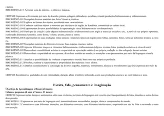 e países.
RO.EI03TS01.d.14 Apreciar sons do entorno, o silêncio e músicas.
EI03TS02 Expressar-se livremente por meio de desenho, pintura, colagem, dobradura e escultura, criando produções bidimensionais e tridimensionais.
RO.EI03TS02.d.01 Manipular diversos materiais das Artes Visuais e plásticas.
RO.EI03TS02.d.02 Explorar as formas dos objetos percebendo suas características.
RO.EI03TS02.d.03 Conhecer e utilizar objetos e materiais que são típicos da região, de Rondônia, comunidade ou cultura local.
RO.EI03TS02.d.04 Experimentar diversas possibilidades de representação visual bidimensionais e tridimensionais.
RO.EI03TS02.d.05 Participar da criação e criar objetos bidimensionais e tridimensionais com argila e massa de modelar e etc., a partir de seu próprio repertório,
explorando diferentes elementos, como forma, volume, textura, planos e outros.
RO.EI03TS02.d.06 Experimentar em suas produções tintas naturais e materiais típicos da região como folhas, sementes, flores, terras de diferentes texturas e cores
etc.
RO.EI03TS02.d.07 Manipular materiais de diferentes texturas: lisas, ásperas, macias e outras.
RO.EI03TS02.d.08 Apreciar diferentes imagens e elementos bidimensionais e tridimensionais (objetos, revistas, fotos, produções coletivas e obras de arte).
RO.EI03TS02.d.09 Desenvolver a sensibilidade artística e a capacidade de apreciação estética ( sua própria produção e a dos colegas) e demais artistas.
RO.EI03TS02.d.10 Desenvolver a capacidade de se expressar, de atribuir sentidos ao mundo, às sensações e aos pensamentos por meio da linguagem visual e
plástica.
RO.EI03TS02.d.11 Ampliar as possibilidades de conhecer e representar o mundo, bem como sua própria experiência.
RO.EI03TS02.d.12 Perceber, explorar e experimentar as propriedades dos materiais e seus efeitos.
RO.EI02TS02.d.13 Ampliar o conhecimento e a utilização de diversos suportes, materiais, instrumentos, técnicas e procedimentos que irão expressar por meio da
arte.
EI03TS03 Reconhecer as qualidades do som (intensidade, duração, altura e timbre), utilizando-as em suas produções sonoras e ao ouvir músicas e sons.
Escuta, fala, pensamento e imaginação
Objetivos de Aprendizagem e Desenvolvimento
Crianças pequenas (4 anos a 5 anos e 11 meses)
EI03EF01 Expressar ideias, desejos e sentimentos sobre suas vivências, por meio da linguagem oral e escrita (escrita espontânea), de fotos, desenhos e outras formas
de expressão.
RO.EI03EF01.1 Expressar-se por meio da linguagem oral, transmitindo suas necessidades, desejos, ideias e compreensões de mundo.
RO.EI03EF01.2 Comunicar-se com diferentes intenções, em diferentes contextos, com diferentes interlocutores, respeitando sua vez de falar e escutando o outro
com atenção.
 