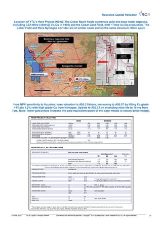 Resource Capital Research

  Location of YTC’s Hera Project (NSW): The Cobar Basin hosts numerous gold and base metal deposits,
 including CSA Mine (35mt @ 3% Cu in 1995) and the Cobar Gold Field, with ~7moz Au Eq production. The
    Cobar Field and Hera-Nymagee Corridor are of similar scale and on the same structure, 90km apart.




 Hera NPV sensitivity to Au price: base valuation is A$0.31/share, increasing to A$0.57 by lifting Cu grade
 +1% (to 1.2%) with high grade Cu from Nymagee. Upside to A$0.73 by extending mine life to 10 yrs from
7yrs. Note: lower gold prices increase the gold equivalent grade of the base metals (a natural price hedge).

                    HERA PROJECT VALUATION
                                                                                                       Equity                                               Sensitivity
                     LONG TERM GOLD PRICE^                                               :US$/oz                            600              800              1000           1200            1400
                     EXCHANGE RATE (RCR long term)                                       :AUUS                              0.80             0.80             0.80           0.80            0.80
                     LONG TERM GOLD PRICE                                                :A$/oz                             750              1000             1250           1500            1750
                     Gold equivalent grade of resource                                   :Au g/t                            11.5              9.6              8.5            7.8             7.2

                     RESOURCE @ 5% NOMINAL**                                             :A$m           100%                 43               48               57             69               79
                     RESOURCE @ 5% NOMINAL**                                             :US$m          100%                 34               39               46             55               63
                     NPV/SHARE                                                           :A$/share                          0.25             0.28             0.34           0.41             0.47
                     NPV/SHARE, Cu grade +1% (blending from Nymagee?)                    :A$/share                                           0.55             0.58
                            ** Includes a pre-DFS discount of 30% of the project valuation:                                 30%
                            ^Gold price forecasts are US$1225/oz in calendar 4Q10 and long term price indicated f rom 4Q13, w ith linear change betw een.



                    HERA PROJECT, KEY ASSUMPTIONS

                     RESOURCE ESTIMATES                                                  Gold and base metal targets
                                                                                                                                                     Gold Equivalent*                     (Gold only)
                                                                                                                                               Mt          g/t                koz            koz

                                                                                         Hera Indicated Resource^                             1.6              7.9            402             209
                                                                                         Remainder Hera Resource (Inferred)                   0.6              8.2            157              71
                                                                                         Total                                                2.2              8.0            560
                     *YTC metal price assumptions for calculating Au Eq, or value of commodity in terms of Au, are: Au = US$1125/oz, Cu = US$6,500/t, Pb = US$1,775/t, Zn = US$1,878/t, Ag = US$17.85/oz.
                                           ^ Cut of f is recoverable ore value (A$125/t at AU/US 0.85. YTC price assumptions are 15-month buyer LME base metal prices in April ’10).
                     MINING METHOD                                                       Underground

                     PROCESS METHOD                                                      Crush, gravity and leach for gold, flotation for base metal concentrates (with silver)

                     PRODUCTION RATE                                                     :mtpa                       0.35
                                                                                         :kozpa Au                   50.2                Average gold equivalent production*
                     CAPITAL COSTS                                                       :A$m                        59.9                Pre-production $25m, process and infrastructure $34.9m

                     RECOVERY - GOLD                                                     :%                          98            60% by gravity
                     RECOVERY- BASE METALS                                               :%                          Cu 79% (97% payable), Pb 82% (95% payable), Zn 87.3% (85% payable)
                                                                                         :%                          95
                     OPERATING COSTS                                                     :A$/oz                      676           Gold equivalent
                                                                                         :A$/t                       97.1

                     TAX                                                                 :%                          30
                     ROYALTY                                                             :%                          4                   New South Wales
                     MINE LIFE                                                           :Years                      7+



                   * These figures are early stage in nature and are intended to provide only a general indication of project potential scale and economic robustness.
                   Considerable refinement may result from the ongoing Definitive Feasibility Study in 2010.



                                                                                                                               ©
October 2010   RCR Copper Company Review                          Disclaimer and disclosure attached. Copyright 2010 by Resource Capital Research Pty Ltd. All rights reserved.                             22
 