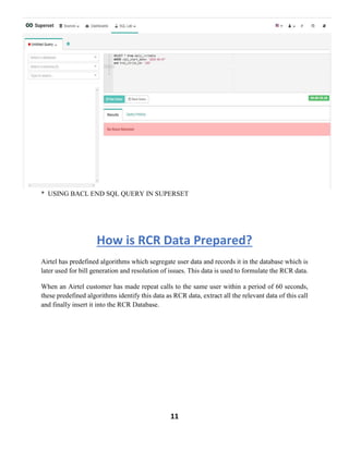 11
* USING BACL END SQL QUERY IN SUPERSET
How is RCR Data Prepared?
Airtel has predefined algorithms which segregate user data and records it in the database which is
later used for bill generation and resolution of issues. This data is used to formulate the RCR data.
When an Airtel customer has made repeat calls to the same user within a period of 60 seconds,
these predefined algorithms identify this data as RCR data, extract all the relevant data of this call
and finally insert it into the RCR Database.
 