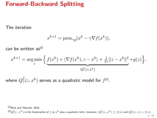 Forward-Backward Splitting
The iteration
xk+1
= proxγg(xk
− γ f(xk
)),
can be written as[2]
xk+1
= arg min
z
f(xk
) + f(xk
), z − xk
+ 1
2γ z − xk 2
Qf
γ(z,xk)
+g(z) ,
where Qf
γ(z, xk) serves as a quadratic model for f[3]
.
[2]
Beck and Teboulle, 2010.
[3]
Qf
γ (·, xk
) is the linearization of f at xk
plus a quadratic term; moreover, Qf
γ (z, xk
) ≥ f(x) and Qf
γ (z, z) = f(z).
9 / 55
 