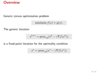 Overview
Generic convex optimization problem
minimize f(x) + g(x).
The generic iteration
xk+1
= proxγg(xk
− γ f(xk
))
is a ﬁxed-point iteration for the optimality condition
x = proxγg(x − γ f(x ))
16 / 55
 