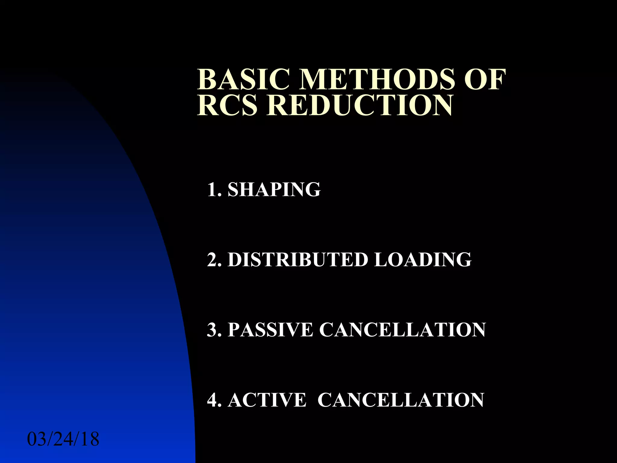 03/24/18 34
BASIC METHODS OF
RCS REDUCTION
1. SHAPING
2. DISTRIBUTED LOADING
3. PASSIVE CANCELLATION
4. ACTIVE CANCELLATION
 