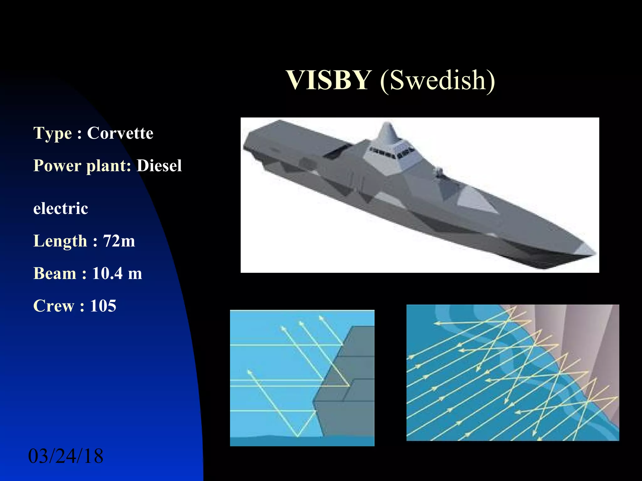 03/24/18 58
VISBY (Swedish)
Type : Corvette
Power plant: Diesel
electric
Length : 72m
Beam : 10.4 m
Crew : 105
 