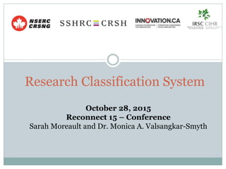 Research Classification System
October 28, 2015
Reconnect 15 – Conference
Sarah Moreault and Dr. Monica A. Valsangkar-Smyth
 