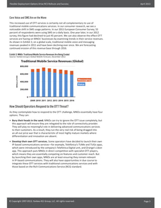 Flexible Deployment Options Drive RCS Rollouts and Success

April 2013

Core Voice and SMS Are on the Wane
This increased use of OTT services is certainly not all complementary to use of
traditional mobile communications services. In our consumer research, we see a
noticeable shift in SMS usage patterns. In our 2011 European Consumer Survey, 55
percent of respondents were using SMS on a daily basis. One year later, in our 2012
survey, this figure had declined to just 45 percent. We can also observe the effect OTT
services are having on MNOs’ businesses by examining trends in their service revenues.
As shown in Exhibit 3, on a global scale, traditional mobile voice and messaging
revenues peaked in 2011 and have been declining ever since. We are forecasting
continued erosion of this revenue base through 2016.
Exhibit 3: MNOs’ Traditional Mobile Service Revenues Are Being Eroded
Source: Yankee Group’s Global Mobile Forecast, December 2012

Traditional Mobile Service Revenues (Global)
800,000

Millions of USD

600,000

Messaging

400,000

Voice

200,000
0
2009 2010 2011 2012 2013 2014 2015 2016

How Should Operators Respond to the OTT Threat?
As they contemplate how to respond to the OTT challenge, MNOs essentially have four
options. They can:
•	 Bury their heads in the sand. MNOs can try to ignore the OTT issue completely, but
this approach will ensure they are relegated to the role of connectivity provider.
They will play no meaningful role in delivering advanced communications services
to their customers. As a result, they run the very real risk of being dragged into
an all-out price war that is characteristic of most highly mature markets where
differentiation and innovation are absent.
•	 Develop their own OTT services. Some operators have decided to launch their own
IP-based communications services—for example, Telefónica’s TUMe and TUGo apps,
which were introduced by the company’s Telefónica Digital unit, and Orange’s Libon
app. This approach puts MNOs in direct competition with specialist OTT players,
which means they are essentially competing on features and customer reach. But
by launching their own apps, MNOs are at least ensuring they remain relevant
in IP-based communications. They will also have opportunities in due course to
integrate these OTT services with traditional communications services and with
those based on the Rich Communications Service (RCS) standard.

© Copyright 1997-2013, Yankee 451 Group, LLC. All rights reserved.

Page 3

 