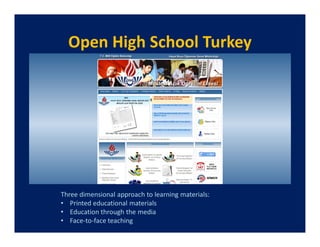 Open High School Turkey




Three dimensional approach to learning materials:
• Printed educational materials
• Education through the media
• Face-to-face teaching
 