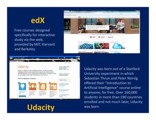 edX
Free courses designed
specifically for interactive
study via the web,
provided by MIT, Harvard
and Berkeley.




                               Udacity was born out of a Stanford
                               University experiment in which
                               Sebastian Thrun and Peter Norvig
                               offered their "Introduction to
                               Artificial Intelligence" course online
                               to anyone, for free. Over 160,000
                               students in more than 190 countries
                               enrolled and not much later, Udacity
        Udacity                was born.
 