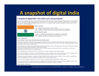 A snapshot of digital India




   http://www.digitalstrategyconsulting.com/india/2012/05/a_snapshot_of_digital_india_12.php#more
 