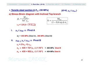 41
 Tensile steel section A (fck 50 MPa)
a) Stress-Strain diagram with Inclined Top branch
i. u  AB  Pivot A
s = 455 MPa (Steel A) , 466 MPa (Steel B)
ii. AB  u  lim  Pivot B
s = (1/u -1) cu
s  435 + 727 (s -2.17.10-3) < 466 MPa Steel B
s  435 + 952 (s -2.17.10-3) < 454 MPa Steel A
(A’=0, u  lim )
1. Introduction 3. Rect.Sec. (A’=0) 5. T Section2.Assumptions 4. Rect.Sec with A’ 6. Particular rules
 