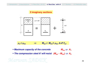 49
2 imaginary sections
 Maximum capacity of the concrete Mlim  A1
 The compression steel A’ will resist (Med  Mlim)  A2
u  lim  Med  Mlim= lim .b.d².fcd
1. Introduction 3. Rect.Sec. (A’=0) 5. T Section2.Assumptions 4. Rect.Sec with A’ 6. Particular rules
 