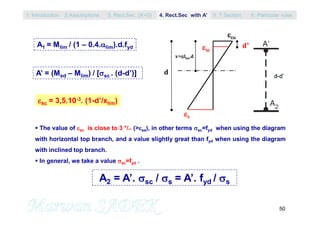 50
cu
s
sc
x=lim.d
d’
d
A1 = Mlim / (1 – 0.4.lim).d.fyd
A’ = (Med – Mlim) / [sc . (d-d’)]
sc = 3,5.10-3. (1-d’/xlim)
 The value of sc is close to 3 °/°° (>se), in other terms sc=fyd when using the diagram
with horizontal top branch, and a value slightly great than fyd when using the diagram
with inclined top branch.
 In general, we take a value sc=fyd .
A2 = A’. sc / s = A’. fyd / s
1. Introduction 3. Rect.Sec. (A’=0) 5. T Section2.Assumptions 4. Rect.Sec with A’ 6. Particular rules
 