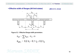 56
(EC 2-1-1, 5.3.2) Effective width of flanges (All limit states)
1. Introduction 3. Rect.Sec. (A’=0) 5. T Section2.Assumptions 4. Rect. Sec with A’ 6. Particular rules
 