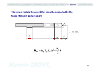 57
 Maximum resistant moment that could be supported by the
flange (flange in compression)
2
f
uT eff f cd
h
M b h f (d ) 
1sA
ux fh
s 1sN
1cN
 ff h,dz 501
1. Introduction 3. Rect.Sec. (A’=0) 5. T Section2.Assumptions 4. Rect. Sec with A’ 6. Particular rules
 