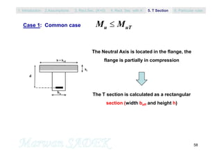 58
Case 1: Common case M Mu uT
bw
b = beff
d
hf
The Neutral Axis is located in the flange, the
flange is partially in compression
The T section is calculated as a rectangular
section (width beff and height h)
1. Introduction 3. Rect.Sec. (A’=0) 5. T Section2.Assumptions 4. Rect. Sec with A’ 6. Particular rules
 