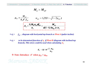 62
M Mu uT
 s = fyd , diagram with horizontal top branch or Pivot A (palier incliné)
 s = to be determined function of s if Pivot B (diagram with inclined top
branch). This stress could be used when calculating A1
cdw
u
u
fdb
M
2
2
2   u u2 2125 1 1 2  , ( )
 Note: Introduce A’ whenu2 > lim
1. Introduction 3. Rect.Sec. (A’=0) 5. T Section2.Assumptions 4. Rect. Sec with A’ 6. Particular rules
 