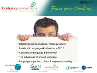 Social structures, purpose, values & culture Leadership language & behaviour – C.E.P. Constructive language & behaviour The advantage of shared language Language impact on culture & employer branding 
