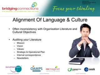 Alignment Of Language & Culture Often inconsistency with Organisation Literature and Cultural Objectives Auditing your Literature Mission Vision Values Strategic & Operational Plan Internal correspondence Newsletters 