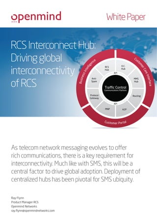 White Paper

RCS Interconnect Hub:
Driving global
interconnectivity
of RCS

As telecom network messaging evolves to offer
rich communications, there is a key requirement for
interconnectivity. Much like with SMS, this will be a
central factor to drive global adoption. Deployment of
centralized hubs has been pivotal for SMS ubiquity.
Ray Flynn
Product Manager RCS
Openmind Networks
ray.ﬂynn@openmindnetworks.com

 