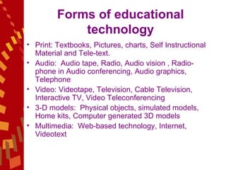Forms of educational technology Print: Textbooks, Pictures, charts, Self Instructional Material and Tele-text.  Audio:  Audio tape, Radio, Audio vision , Radio-phone in Audio conferencing, Audio graphics, Telephone  Video: Videotape, Television, Cable Television, Interactive TV, Video Teleconferencing  3-D models:  Physical objects, simulated models, Home kits, Computer generated 3D models Multimedia:  Web-based technology, Internet, Videotext  