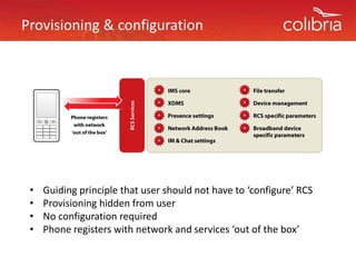 Provisioning & configuration




 •   Guiding principle that user should not have to ‘configure’ RCS
 •   Provisioning hidden from user 
     P i i i hidd f
 •   No configuration required
 •   Phone registers with network and services ‘out of the box’
              g
 