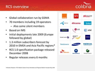 RCS overview

• Global collaboration run by GSMA
  Global collaboration run by GSMA
• 70 members including 19 operators
   – Also some silent members
      Also some silent members
• Based on IMS
            p y                  (     p
• Initial deployments late 2009 (Europe 
  followed by global)
• 1.3 million subscribers forecast by 
  2010 in EMEA and Asia Pacific regions*
• RCS 1.0 specification package released 
  December 2008
  December 2008
• Regular releases every 6 months


*Infonetics Research, RCS Market Outlook Annual Worldwide and Regional Market Forecasts May 2009
 