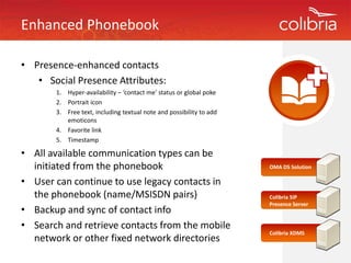 Enhanced Phonebook

• Presence‐enhanced contacts
  Presence‐enhanced contacts 
   • Social Presence Attributes:
       1. Hyper‐availability – ‘contact me’ status or global poke
       2. Portrait icon
       3. Free text, including textual note and possibility to add 
          emoticons
       4. Favorite link
          Favorite link
       5. Timestamp

• All available communication types can be 
  initiated from the phonebook
  initiated from the phonebook                                        OMA DS Solution

• User can continue to use legacy contacts in 
  the phonebook (name/MSISDN pairs)
  the phonebook (name/MSISDN pairs)                                   Colibria SIP
                                                                               SIP 
                                                                      Presence Server
• Backup and sync of contact info
• Search and retrieve contacts from the mobile 
                                                                      Colibria XDMS
  network or other fixed network directories
 