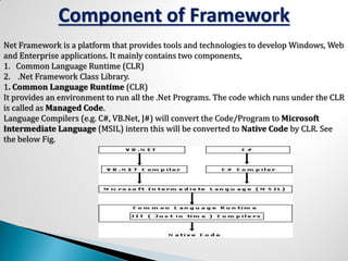 Component of Framework
Net Framework is a platform that provides tools and technologies to develop Windows, Web
and Enterprise applications. It mainly contains two components,
1. Common Language Runtime (CLR)
2. .Net Framework Class Library.
1. Common Language Runtime (CLR)
It provides an environment to run all the .Net Programs. The code which runs under the CLR
is called as Managed Code.
Language Compilers (e.g. C#, VB.Net, J#) will convert the Code/Program to Microsoft
Intermediate Language (MSIL) intern this will be converted to Native Code by CLR. See
the below Fig.
 