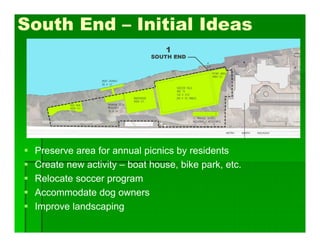  Preserve area for annual picnics by residents
 Create new activity – boat house, bike park, etc.
 Relocate soccer program
 Accommodate dog owners
 Improve landscaping
South End – Initial Ideas
 