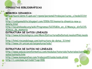 CONSULTAS BIBLIOGRÁFICASMEMORIA DINAMICA: http://laurel.datsi.fi.upm.es/~rpons/personal/trabajos/curso_c/node113.htmlhttp://codigomaldito.blogspot.com/2006/01/memoria-dinamica-new-y-delete.htmlhttp://es.wikibooks.org/wiki/Programaci%C3%B3n_en_C/Manejo_din%C3%A1mico_de_memoriaESTRUCTURA DE DATOS LINEALEShttp://www.mitecnologico.com/Main/EstructurasDeDatosLinealesYNoLinealeshttp://html.rincondelvago.com/estructura-de-datos_11.htmlhttp://www.ctr.unican.es/asignaturas/eda/ ESTRUCTURA DE DATOS NO LINEALEShttp://www.educacioninformatica.com/modules/tutorials/tutoriales/estnolineales/estnolin.htmhttp://www.monografias.com/trabajos10/esda/esda.shtmlhttp://c.conclase.net/edd/?cap=006 