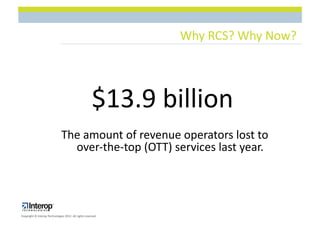 Why$RCS?$Why$Now?$




                                                       $13.9$billion$
                               The$amount$of$revenue$operators$lost$to$
                                 overLtheLtop$(OTT)$services$last$year.$




Copyright$©$Interop$Technologies$2012.$All$rights$reserved$
 