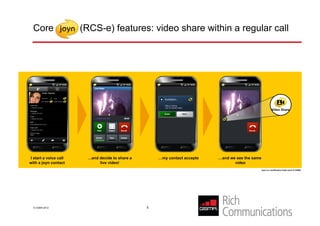 Core                 (RCS-e) features: video share within a regular call




                                                                                                            Video Share




I start a voice call    …and decide to share a       …my contact accepts   …and we see the same
with a joyn contact          live video!                                          video
                                                                                                  joyn is a certification trade mark of GSMA




  © GSMA 2012                                    5
 