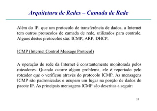 Arquitetura de Redes – Camada de Rede
Além do IP, que um protocolo de transferência de dados, a Internet
tem outros protocolos de camada de rede, utilizados para controle.
Alguns destes protocolos são: ICMP, ARP, DHCP.
ICMP (Internet Control Message Protocol)
33
A operação de rede da Internet é constantemente monitorada pelos
roteadores. Quando ocorre algum problema, ele é reportado pelo
roteador que o verificou através do protocolo ICMP. As mensagens
ICMP são padronizadas e ocupam um lugar na porção de dados do
pacote IP. As principais mensagens ICMP são descritas a seguir:
 