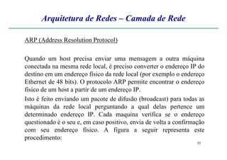 Arquitetura de Redes – Camada de Rede
ARP (Address Resolution Protocol)
Quando um host precisa enviar uma mensagem a outra máquina
conectada na mesma rede local, é preciso converter o endereço IP do
destino em um endereço físico da rede local (por exemplo o endereço
Ethernet de 48 bits). O protocolo ARP permite encontrar o endereço
35
Ethernet de 48 bits). O protocolo ARP permite encontrar o endereço
físico de um host a partir de um endereço IP.
Isto é feito enviando um pacote de difusão (broadcast) para todas as
máquinas da rede local perguntando a qual delas pertence um
determinado endereço IP. Cada maquina verifica se o endereço
questionado é o seu e, em caso positivo, envia de volta a confirmação
com seu endereço físico. A figura a seguir representa este
procedimento:
 
