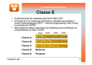 Fundamentos de RedesFundamentos de Redes
Classe E
• O primeiro byte do endereço está entre 240 e 247.
• A Classe E é um endereço reservado e utilizado para testes e
novas implementações (IETF – Internet Engeneering Task Force)
e controles do TCP/IP.
• Não podemos utilizar esta faixa de endereços para endereçar os
computadores na rede TCP/IP.
12Unidade 02 - 005
 
