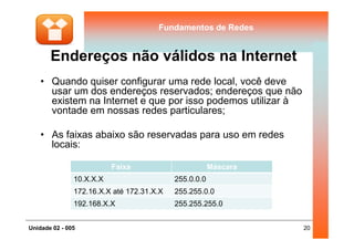 Fundamentos de RedesFundamentos de Redes
Endereços não válidos na Internet
• Quando quiser configurar uma rede local, você deve
usar um dos endereços reservados; endereços que não
existem na Internet e que por isso podemos utilizar à
vontade em nossas redes particulares;
20Unidade 02 - 005
• As faixas abaixo são reservadas para uso em redes
locais:
Faixa Máscara
10.X.X.X 255.0.0.0
172.16.X.X até 172.31.X.X 255.255.0.0
192.168.X.X 255.255.255.0
 