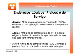 Fundamentos de RedesFundamentos de Redes
Endereços Lógicos, Físicos e de
Serviço
• Serviço: Atribuído na camada de Transporte (TCP) e
refere-se a uma aplicação que está sendo transportada
(porta);
3Unidade 02 - 005
(porta);
• Lógico: Atribuído na camada de rede (IP) e indica a
origem e destino do serviço, independente do serviço
que está sendo transportado;
• Físico: Atribuído na camada enlace (MAC), e indica o
próximo host da rede onde o pacote será entregue.
 