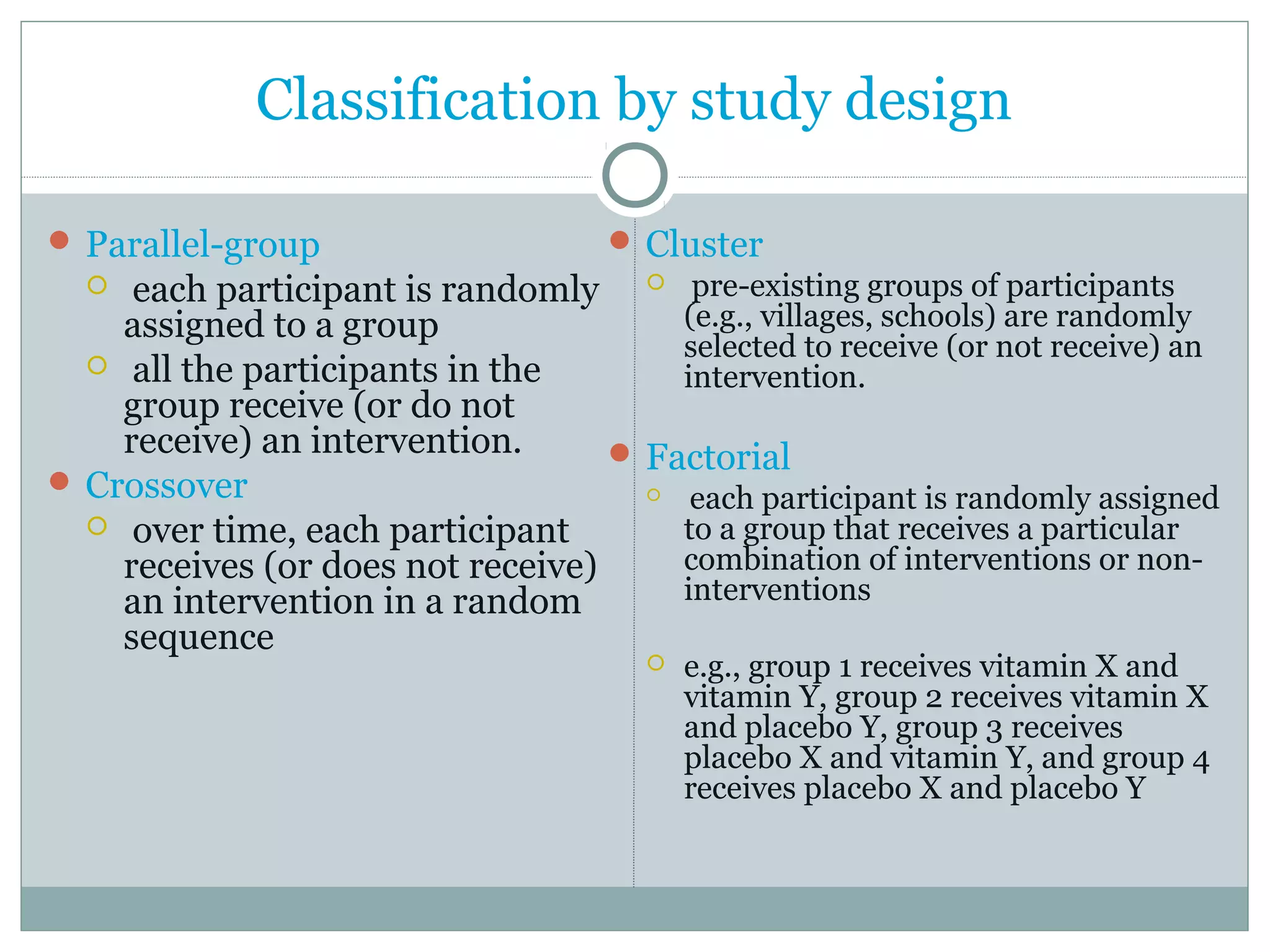 Classification by study design
 Parallel-group
 each participant is randomly
assigned to a group
 all the participants in the
group receive (or do not
receive) an intervention.
 Crossover
 over time, each participant
receives (or does not receive)
an intervention in a random
sequence
 Cluster
 pre-existing groups of participants
(e.g., villages, schools) are randomly
selected to receive (or not receive) an
intervention.
 Factorial
 each participant is randomly assigned
to a group that receives a particular
combination of interventions or non-
interventions
 e.g., group 1 receives vitamin X and
vitamin Y, group 2 receives vitamin X
and placebo Y, group 3 receives
placebo X and vitamin Y, and group 4
receives placebo X and placebo Y
 
