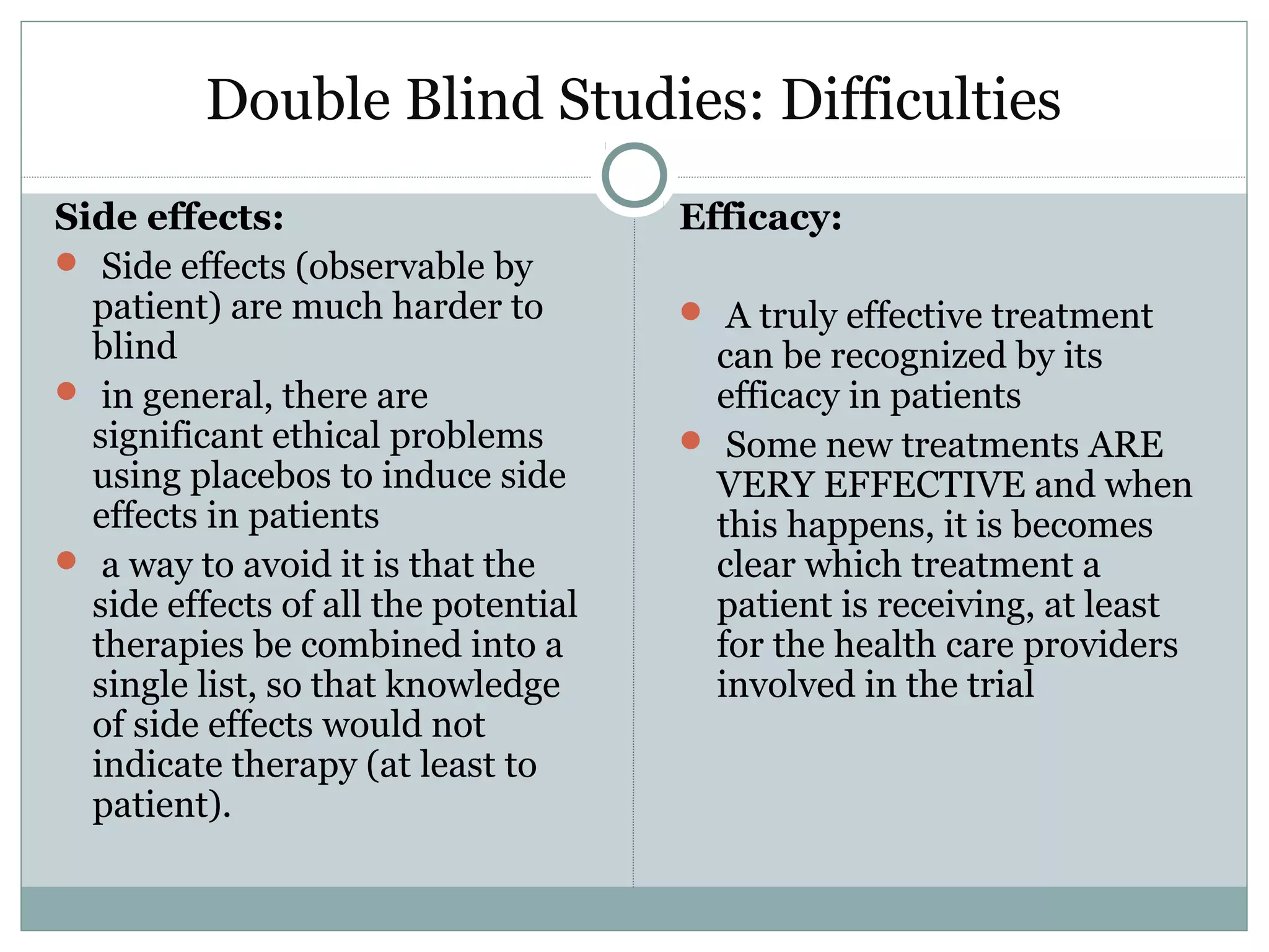 Double Blind Studies: Difficulties
Side effects:
 Side effects (observable by
patient) are much harder to
blind
 in general, there are
significant ethical problems
using placebos to induce side
effects in patients
 a way to avoid it is that the
side effects of all the potential
therapies be combined into a
single list, so that knowledge
of side effects would not
indicate therapy (at least to
patient).
Efficacy:
 A truly effective treatment
can be recognized by its
efficacy in patients
 Some new treatments ARE
VERY EFFECTIVE and when
this happens, it is becomes
clear which treatment a
patient is receiving, at least
for the health care providers
involved in the trial
 