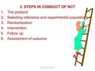 3. STEPS IN CONDUCT OF RCT
1. The protocol
2. Selecting reference and experimental populations
3. Randomization
4. Intervention
5. Follow up
6. Assessment of outcome
ABOUBAKR ELNASHAR
 