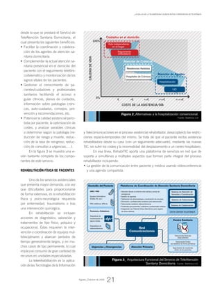 desde la que se prestará el Servicio de
TeleAtención Sanitaria Domiciliaria, el
cual presenta los siguientes beneficios:
Facilitar la coordinación y colabora-•	
ción de los agentes de atención sa-
nitaria domiciliaria
Complementar la actual atención sa-•	
nitaria presencial en el domicilio del
paciente con el seguimiento telefóni-
co/telemático y monitorización de los
signos vitales de los pacientes.
Gestionar el conocimiento de pa-•	
cientes/cuidadores y profesionales
sanitarios facilitando el acceso a
guías clínicas, planes de cuidados,
información sobre patologías cróni-
cas, auto-cuidados, consejos, pre-
vención y recomendaciones, etc.
Potenciar la calidad asistencial perci-•	
bida por paciente, la optimización de
costes, y analizar variables clínicas
a determinar según la patología (re-
ducción de riesgo y muerte, reduc-
ción de la tasa de reingreso, reduc-
ción de consultas a urgencias,….).
En la figura 3 se muestra una vi-
sión bastante completa de los compo-
nentes de este servicio.
Rehabilitación física de pacientes
Uno de los servicios asistenciales
que presenta mayor demanda, a la vez
que dificultades para proporcionarse
de forma extensiva, es la rehabilitación
física y psico-neurológica requerida
por enfermedad, traumatismo o tras
una intervención quirúrgica.
En rehabilitación se incluyen
acciones de diagnóstico, valoración y
tratamientos de tipo físico, psíquico y
ocupacional. Éstas requieren la inter-
vención y coordinación de equipos mul-
tidisciplinares y abarcan períodos de
tiempo generalmente largos, y en mu-
chos casos de tipo permanente, lo cual
implica el consumo de gran cantidad de
recursos en unidades especializadas.
La telerehabilitación es la aplica-
ción de las Tecnologías de la Información
y Telecomunicaciones en el proceso asistencial rehabilitador, desacoplando las restric-
ciones espacio-temporales del mismo. Se trata de que el paciente reciba asistencia
rehabilitadora desde su casa (con un seguimiento adecuado), mediante las nuevas
TIC, sin sufrir los costes y la incomodidad del desplazamiento a un centro hospitalario.
En esa línea, RehabiTIC aporta una plataforma de servicios en red que de
soporte a simultáneo a múltiples aspectos que forman parte integral del proceso
rehabilitador incluyendo:
La gestión de la comunicación entre paciente y médico usando videoconferencia•	
y una agenda compartida.
Figura 3_ Arquitectura Funcional del Servicio de TeleAtención
Sanitaria Domiciliaria. Fuente: Telefónica I+D.
Figura 2_Alternativas a la hospitalización convencional.
Fuente: Telefónica I+D
CalidaddeVida
100%
0%
Coste de la asistencia/día
Cuidados en el domicilio
Vida independiente
en el hogar
Seguimiento
ambulatorio
Atención de Agudos
Hospitalización
UCI
Residencias Asistidas
Hospitales de Crónicos
Atención de Crónicos
++++++++++
Domicilio del Paciente
Centro Sanitario
Red
Comunicaciones
Plataforma de Coordinación de Atención Sanitaria Domiciliaria
UHD / PAD
Equipos informáticos
(Tablet, PC, etc.)
PDA, teléfonos, GPS etc.
• Atención directa al enfermo ante alertas y avisos de
emergencia
• Gestión de agendas
• Tipificación de sintomatología y movilización de recursos
• Derivación a profesionales sanitarios para teleconsulta
• Teleconsulta mediante videoconferencia
• Contenidos para pacientes, cuidadores y profesionales médicos
• Integración con Historia Clínica Electrónica para registro
de actos médicos
Sistema de Atención de
llamadas y Coordinación
Teleconsulta Derivada
(bajo petición)
Teleconsulta Cíclica
(se establece de forma periódica)
Seguimiento de constantes
vitales de los pacientes
Sistema de Teleconsulta
Sistema de Colaboración
Data Center Telefónica
Urgencias y Emergencias Atención Primaria
Pacientes y Cuidadores
Dispositivos de
monitorización de
signos vitales,
Dispositivos de
videoconferencia.
Agosto_Octubre de 2009
21
_La Salud de la Telemedicina: Nuevos Retos y Propuestas de Telefónica
 