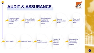 AUDIT & ASSURANCE
Statutory Audit
including Tax
Audit & GST
Audit.
Internal Audit
& Concurrent
Audit.
Management
Audit and
Operational
Audit.
Special
Investigation
Audit.
Trust and
Retention
Audit.
Stock Audit. Revenue Audit.
Cost
Audit/Reviews.
System &
Process
Control
Reviews.
Independent
Technical
Accounting
Device.
17
 