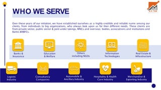 WHO WE SERVE
Over these years of our initiation, we have established ourselves as a highly credible and reliable name among our
clients, from individuals to big organizations, who always look upon us for their different needs. These clients are
from private sector, public sector & joint under takings, MNCs and overseas bodies, associations and institutions and
Banks &NBFCs.
Banks &
Insurance
Education
& Welfare
Others
including NGOs
Information
Technologies
Real Estate &
Infrastructure
Logistic
Industry
Consultancy
Companies
Automobile &
Ancillary Industry
Hospitality & Health
Care Industry
Merchandise &
Exporting Industry
 
